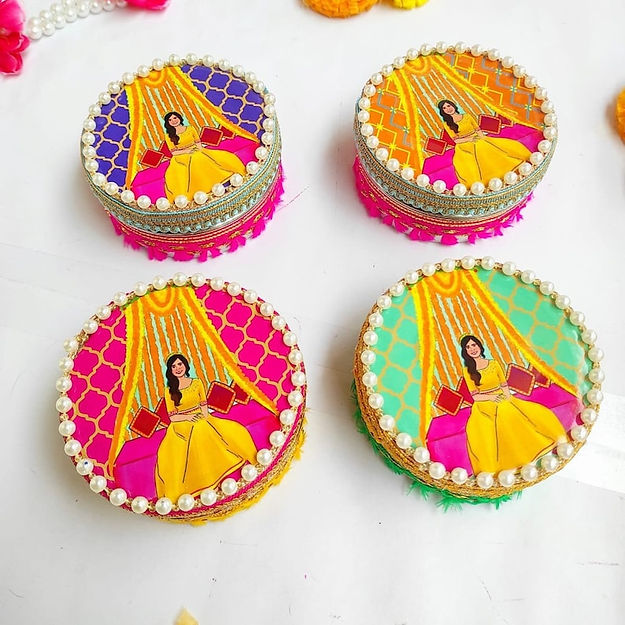 250g Haldi Themed Round Steel Boxes - Bulk
