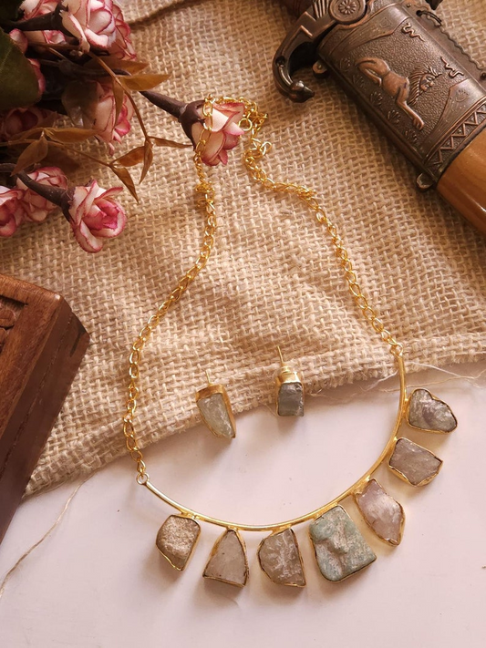 Golden Meteorite Raw Stone Necklace Set