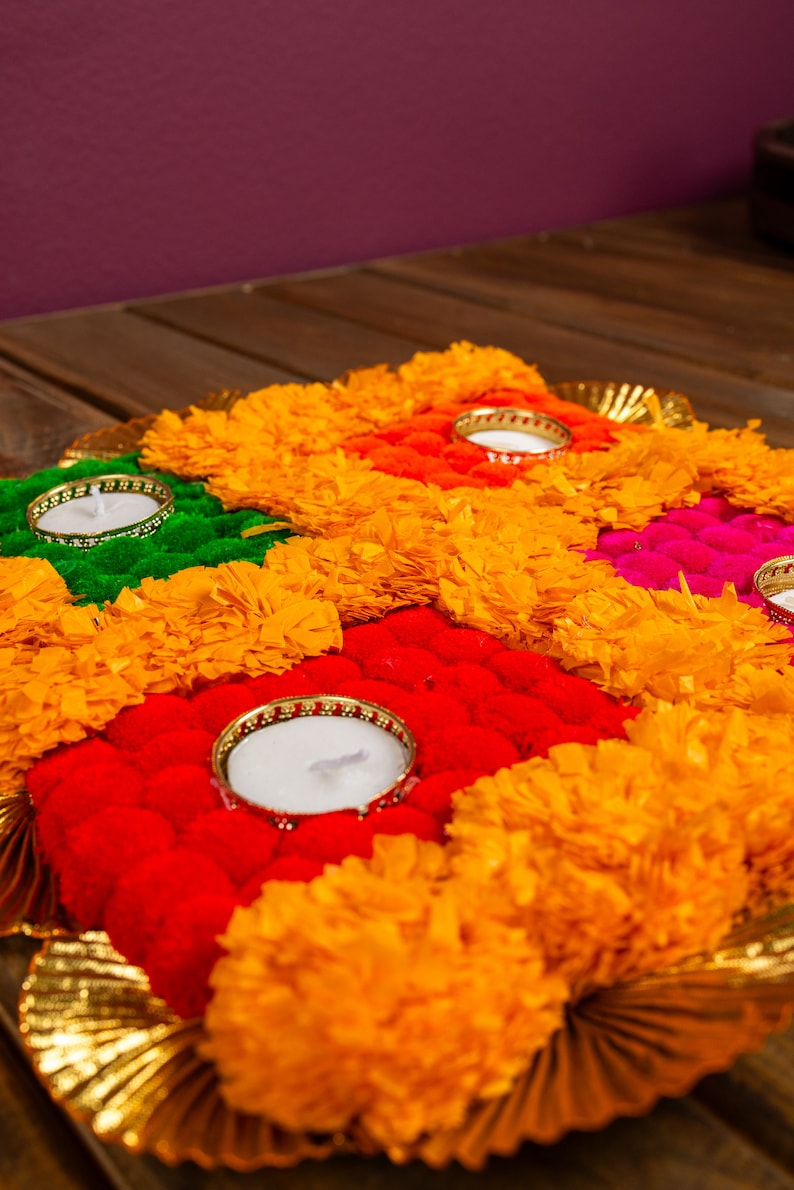 Marigold Pompom Swastik Rangoli Mat