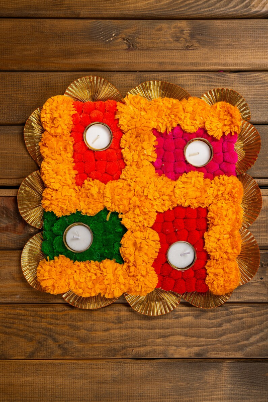 Marigold Pompom Swastik Rangoli Mat